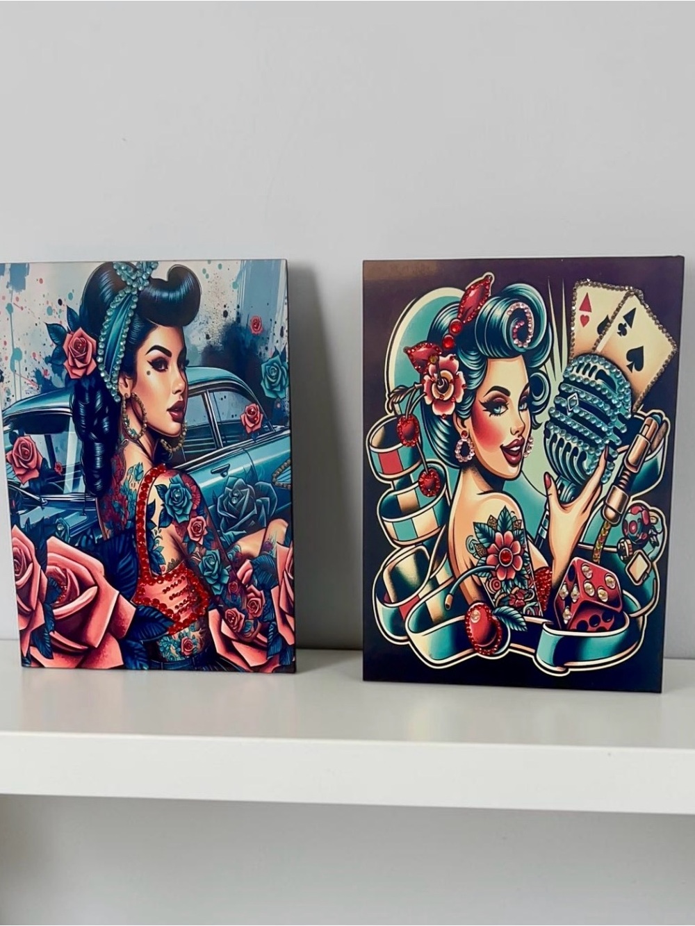 Vintage look Pin-Up Tattoo Art Prints - set/2 Teal, Pink & Red
